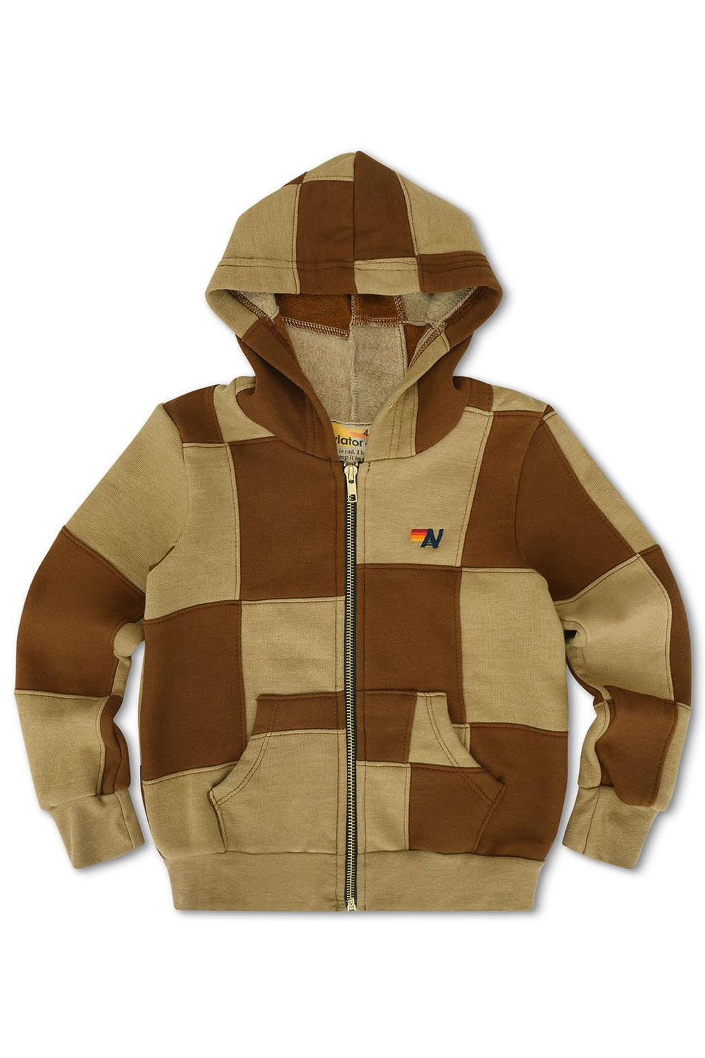 KIDS CHECK QUILTED ZIP HOODIE - TAN CINNAMON