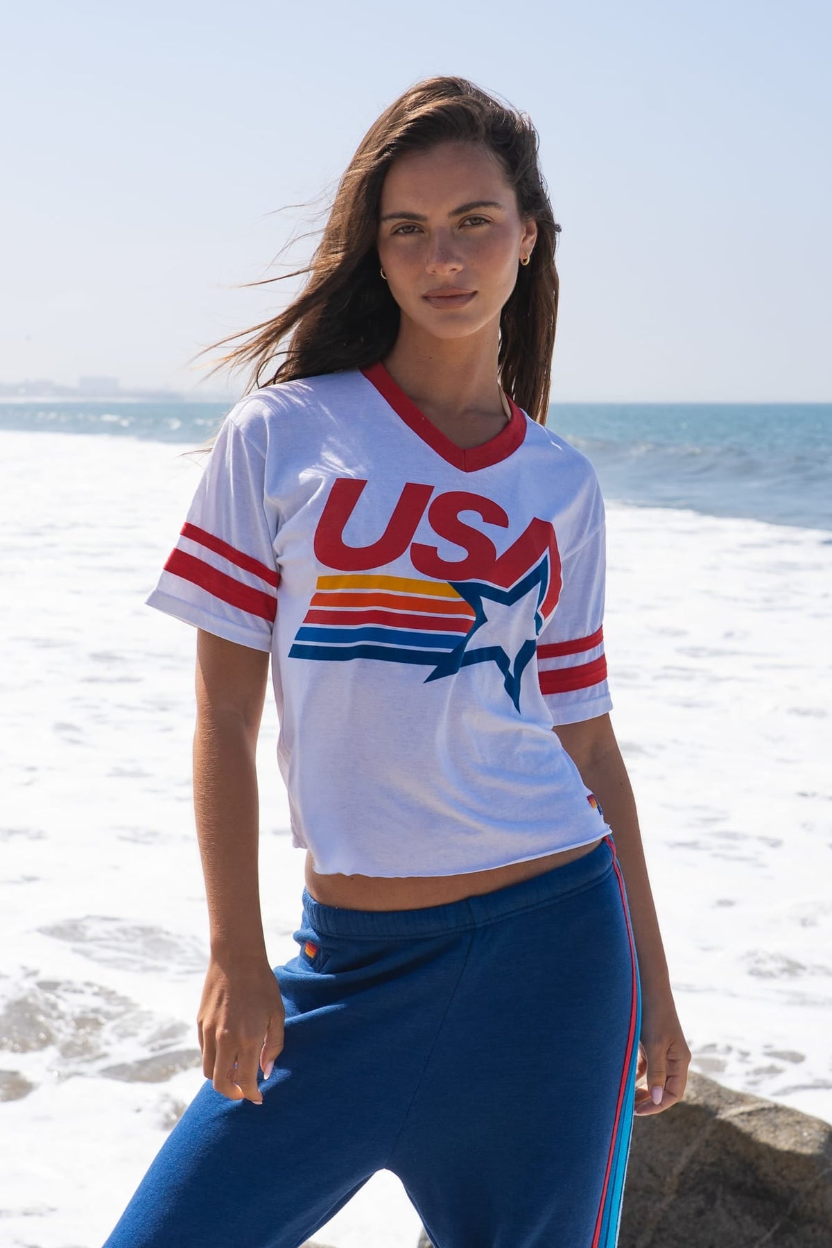 USA STAR VNECK JERSEY BOYFRIEND TEE - WHITE RED