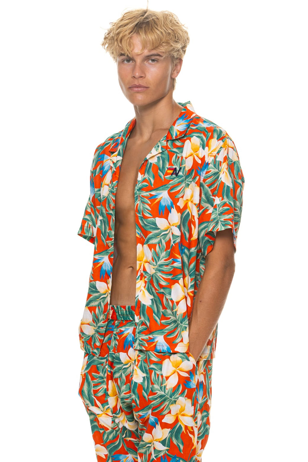 UNISEX COTTON LUXE POPLIN RESORT SHIRT - RED KAUAI