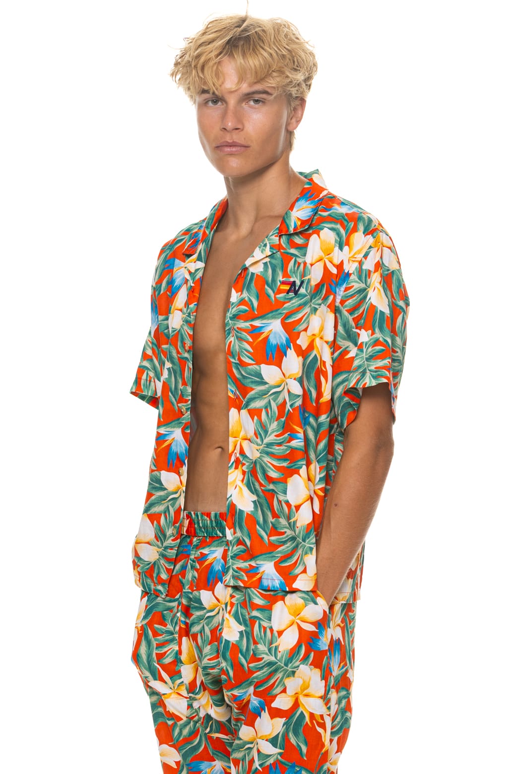 UNISEX COTTON LUXE POPLIN RESORT SHIRT - RED KAUAI