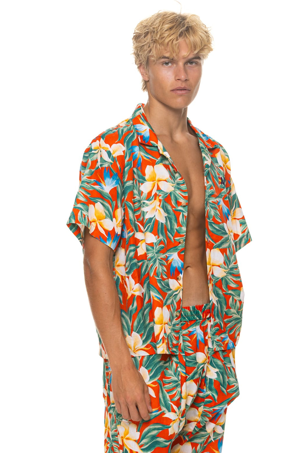 UNISEX COTTON LUXE POPLIN RESORT SHIRT - RED KAUAI