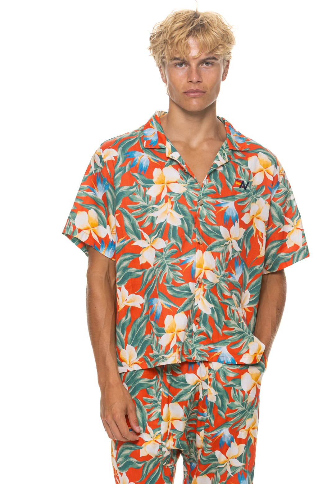 UNISEX COTTON LUXE POPLIN RESORT SHIRT - RED KAUAI