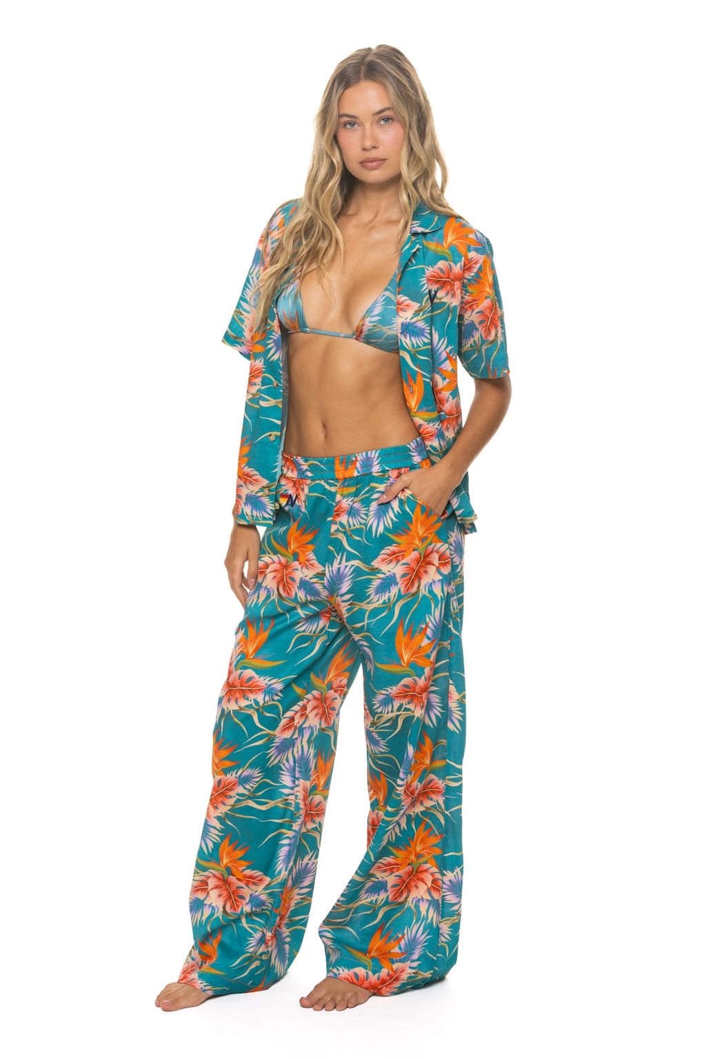 WOMENS COTTON LUXE POPLIN WIDE LEG PANT - BLUE HAWAII