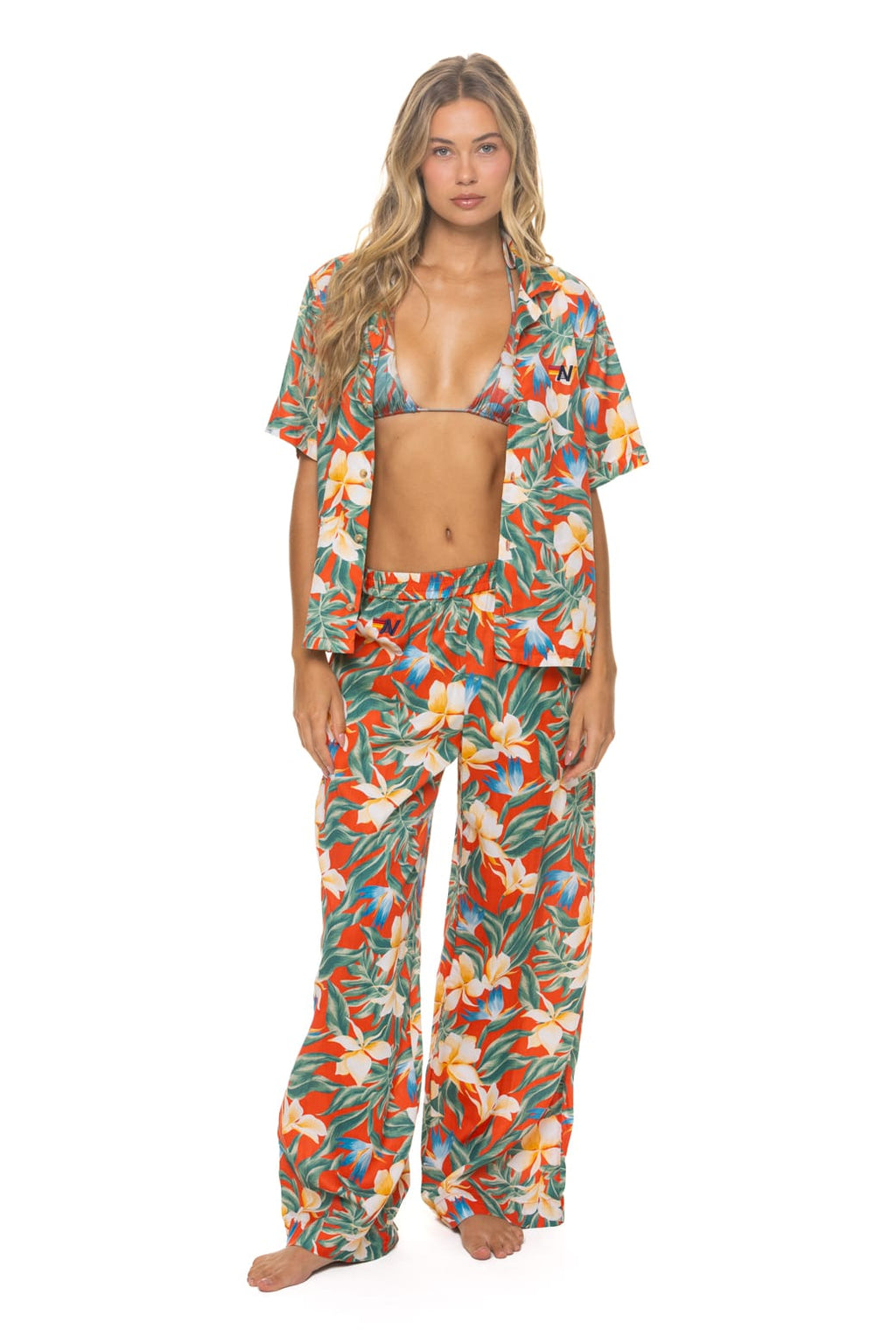 WOMENS COTTON LUXE POPLIN WIDE LEG PANT - RED KAUAI