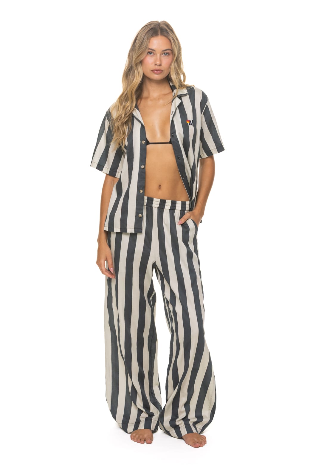 UNISEX COTTON LUXE POPLIN RESORT SHIRT - VINTAGE BLACK STRIPE