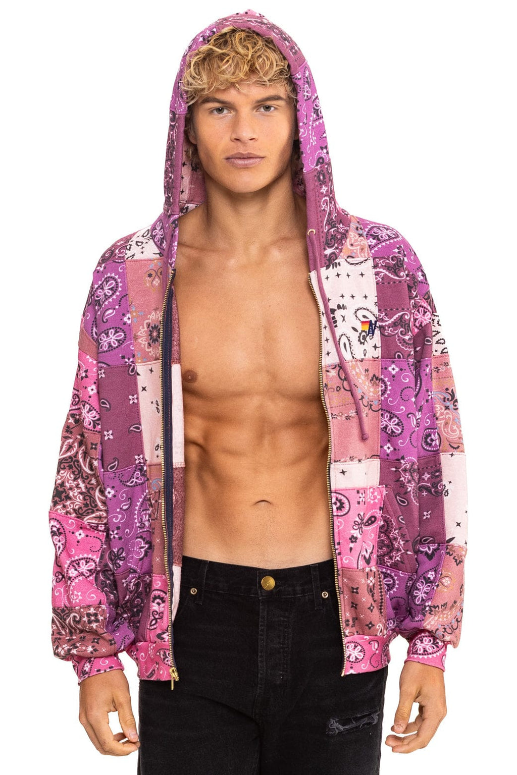 BANDANA QUILTED RELAXED ZIP HOODIE - PINK