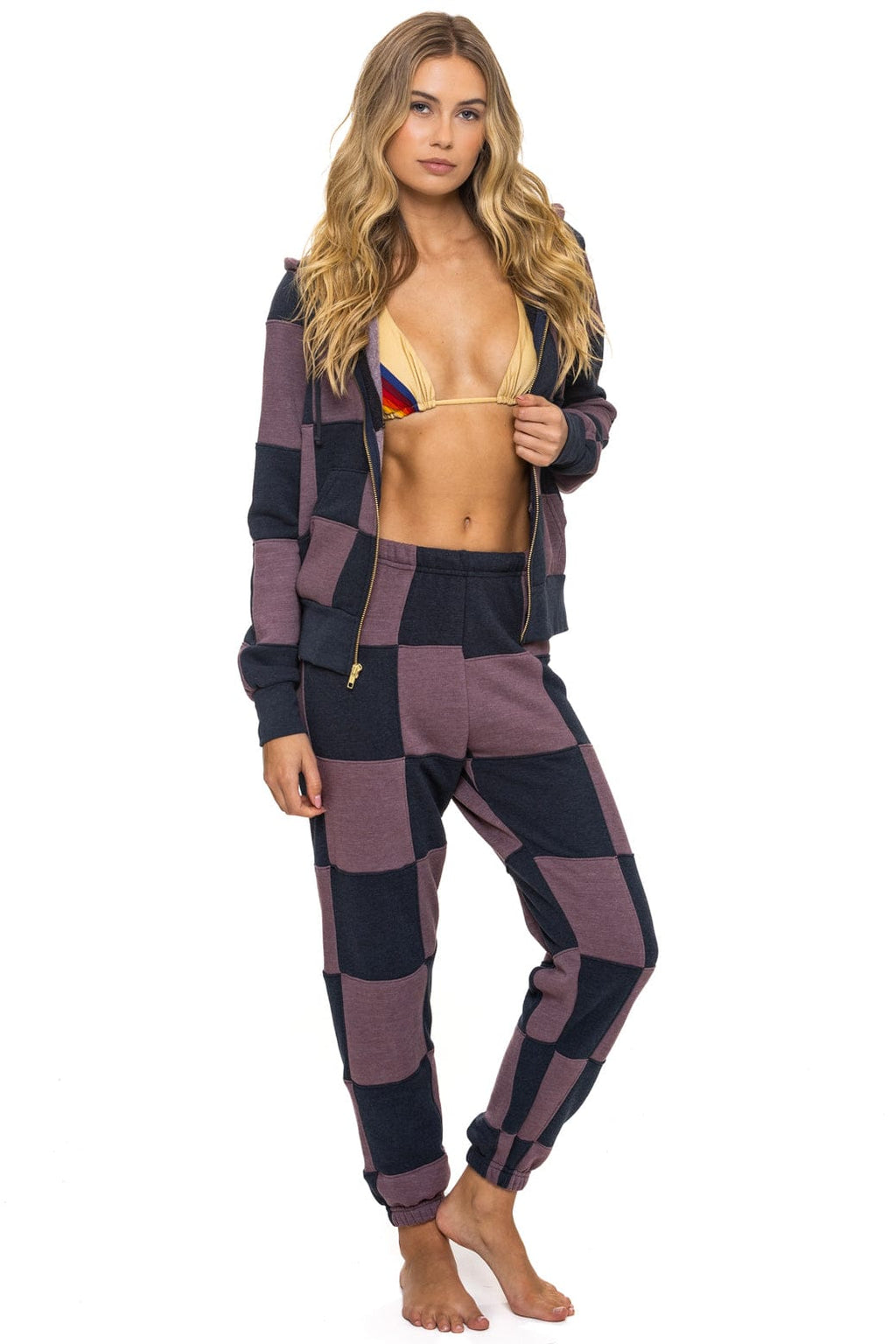 CHECK QUILT ZIP HOODIE - CHARCOAL MOCHA