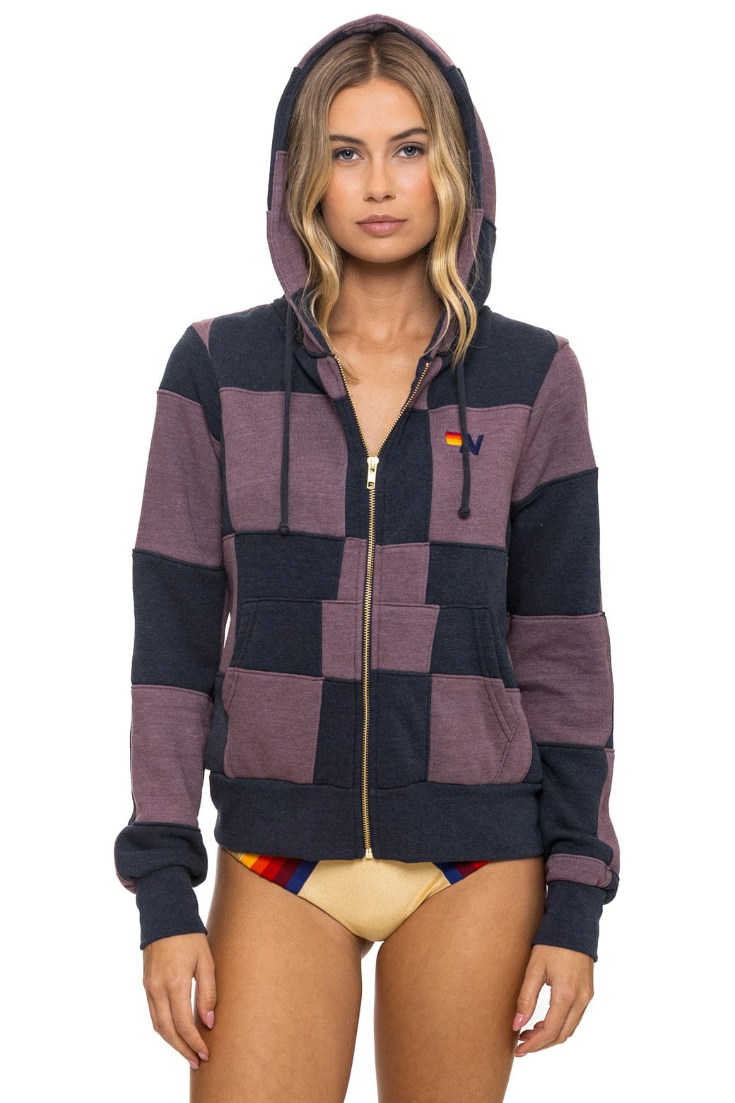 CHECK QUILT ZIP HOODIE - CHARCOAL MOCHA