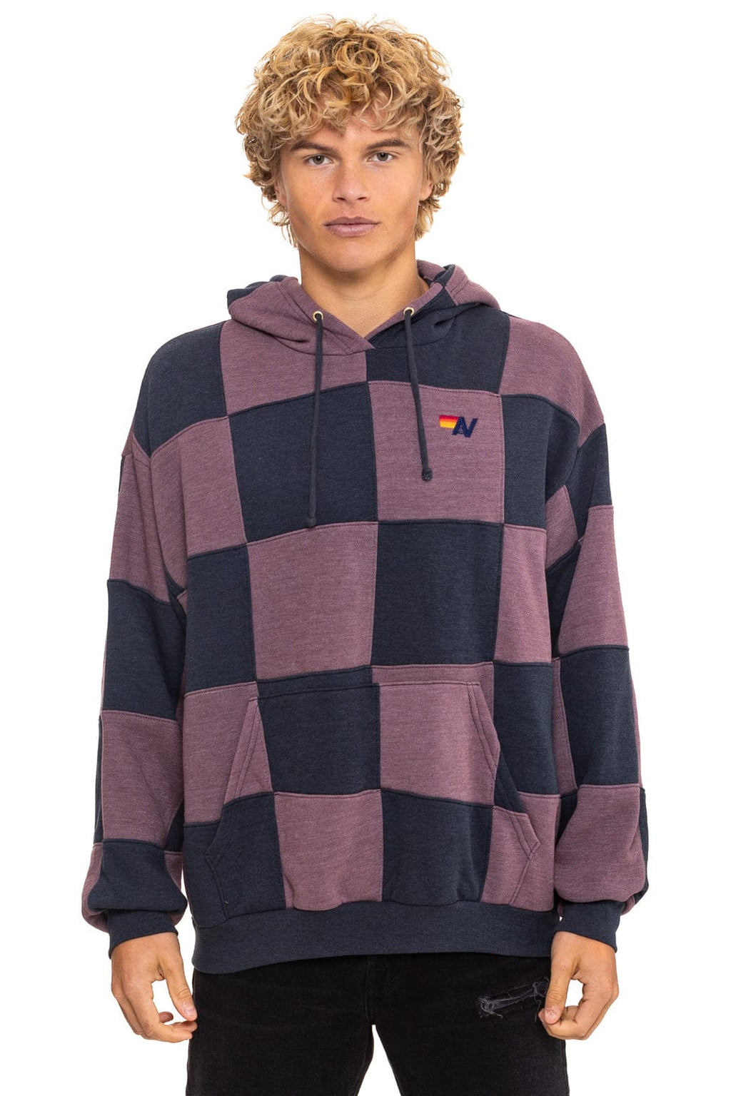 CHECK QUILT RELAXED PULLOVER HOODIE - CHARCOAL MOCHA