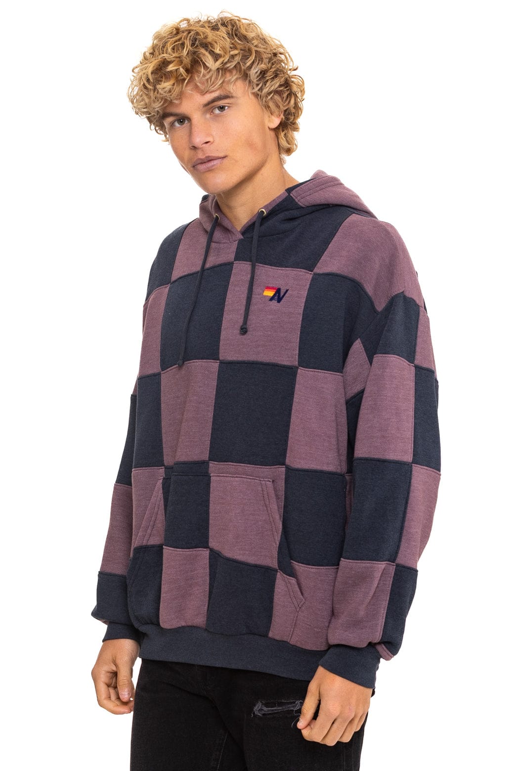 CHECK QUILT RELAXED PULLOVER HOODIE - CHARCOAL MOCHA