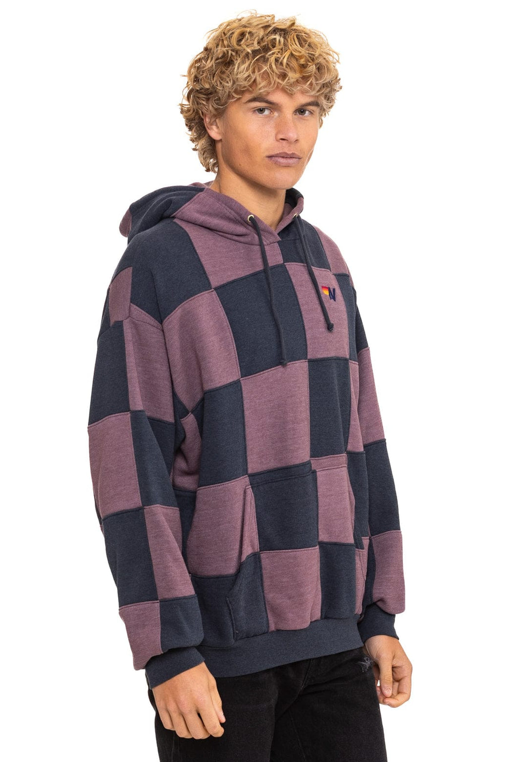 CHECK QUILT RELAXED PULLOVER HOODIE - CHARCOAL MOCHA