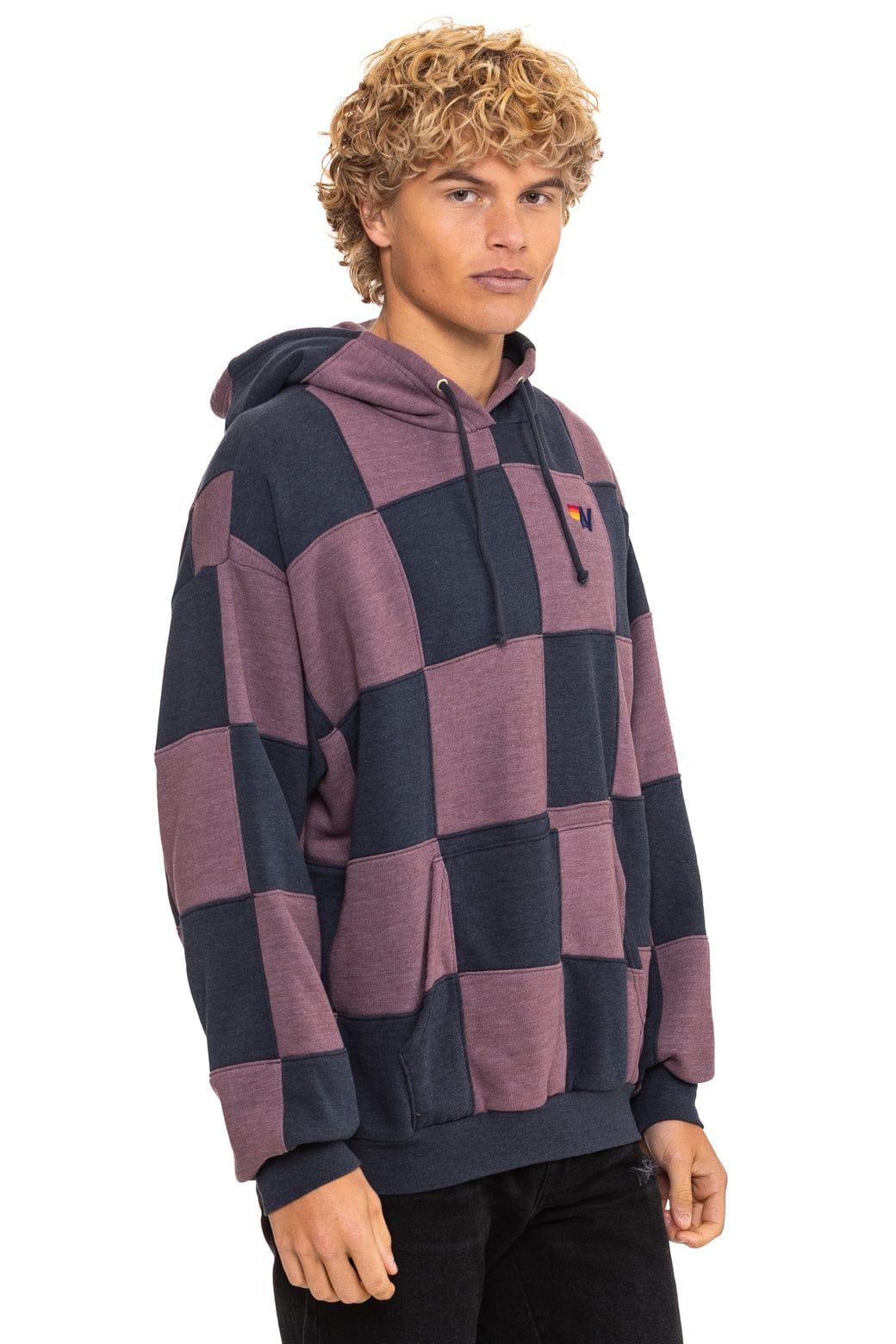 CHECK QUILT RELAXED PULLOVER HOODIE - CHARCOAL MOCHA