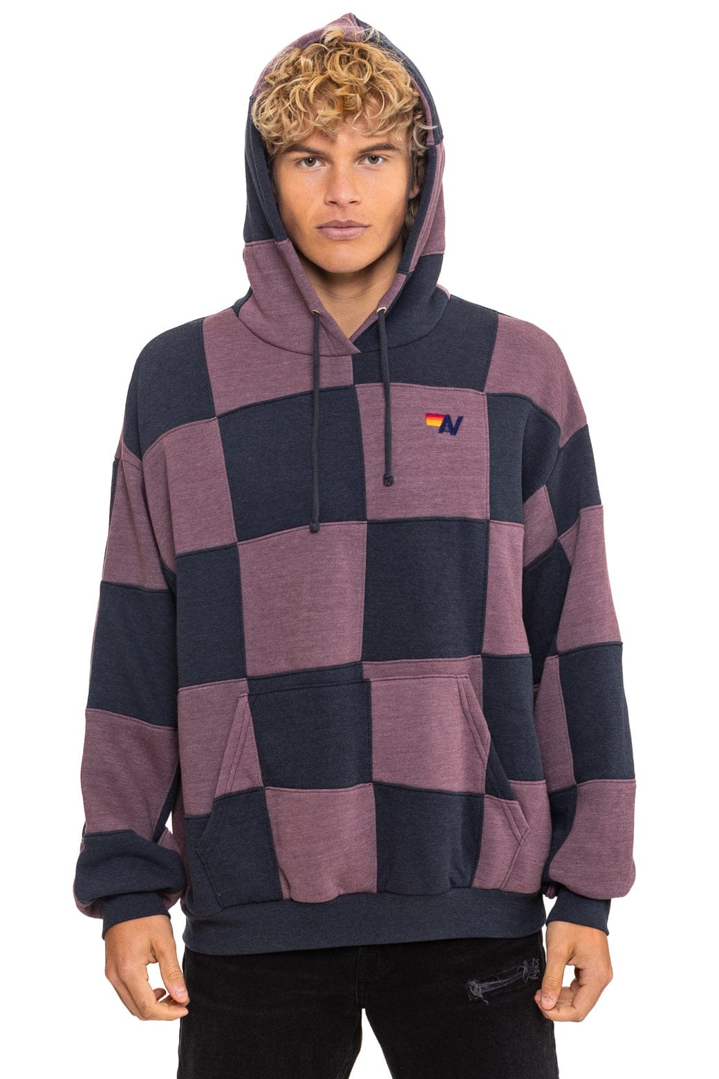 CHECK QUILT RELAXED PULLOVER HOODIE - CHARCOAL MOCHA