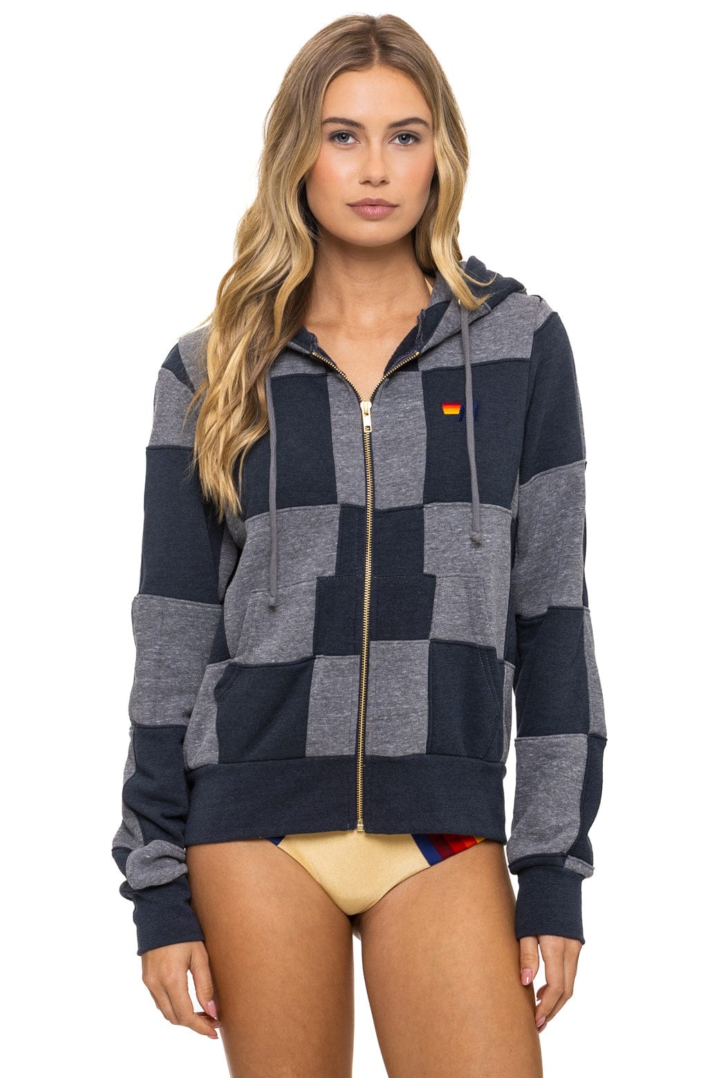 CHECK QUILT ZIP HOODIE - HEATHER CHARCOAL