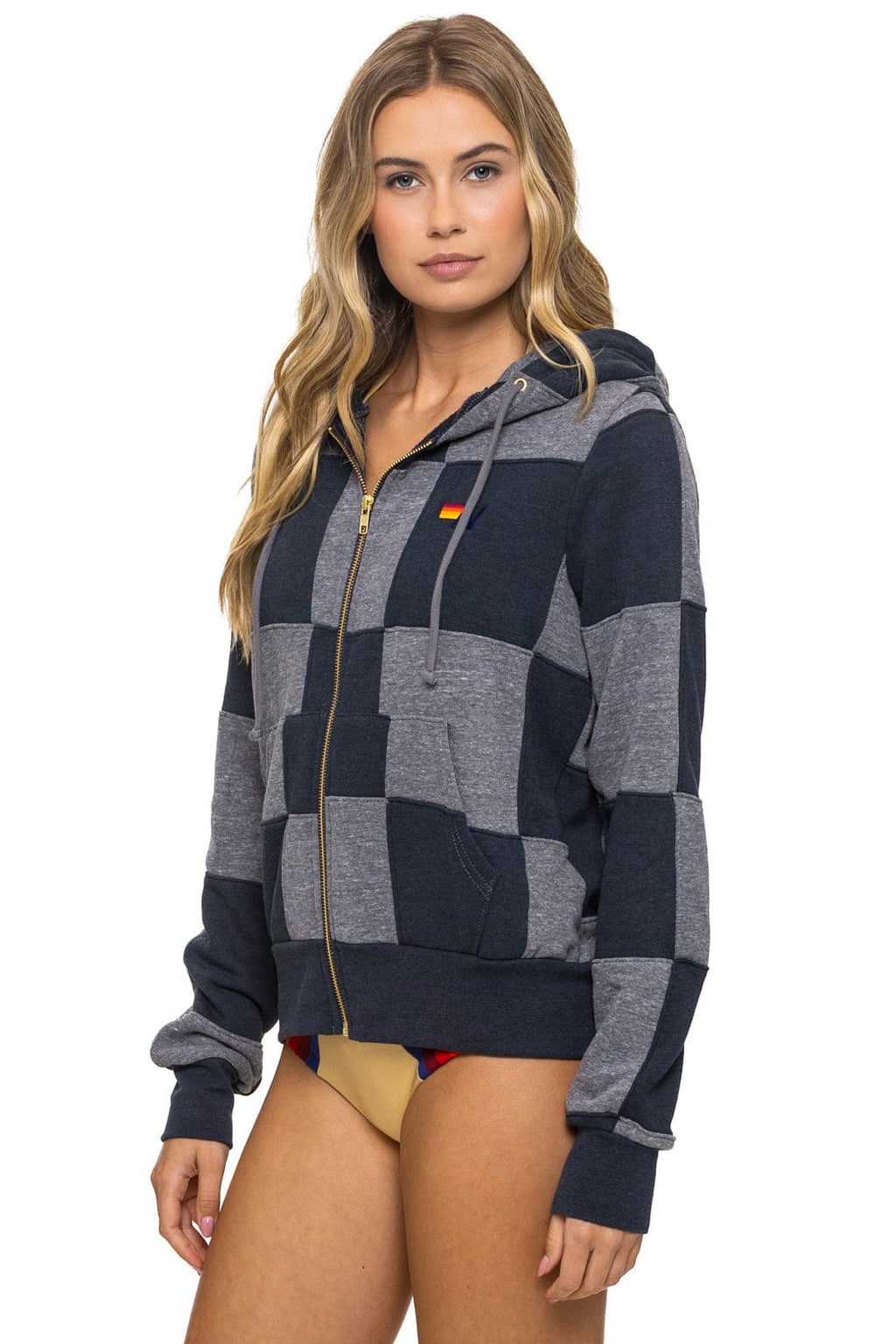 CHECK QUILT ZIP HOODIE - HEATHER CHARCOAL