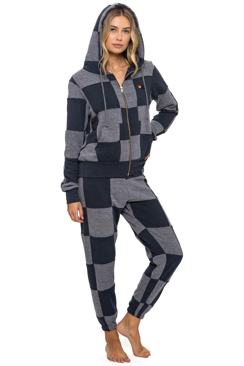 CHECK QUILT ZIP HOODIE - HEATHER CHARCOAL