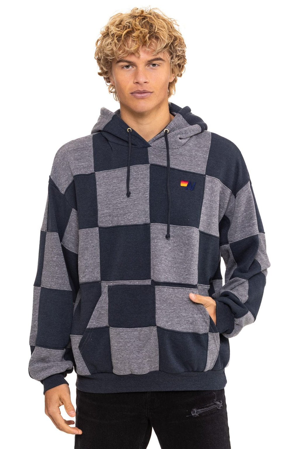 CHECK QUILT RELAXED PULLOVER HOODIE - HEATHER CHARCOAL