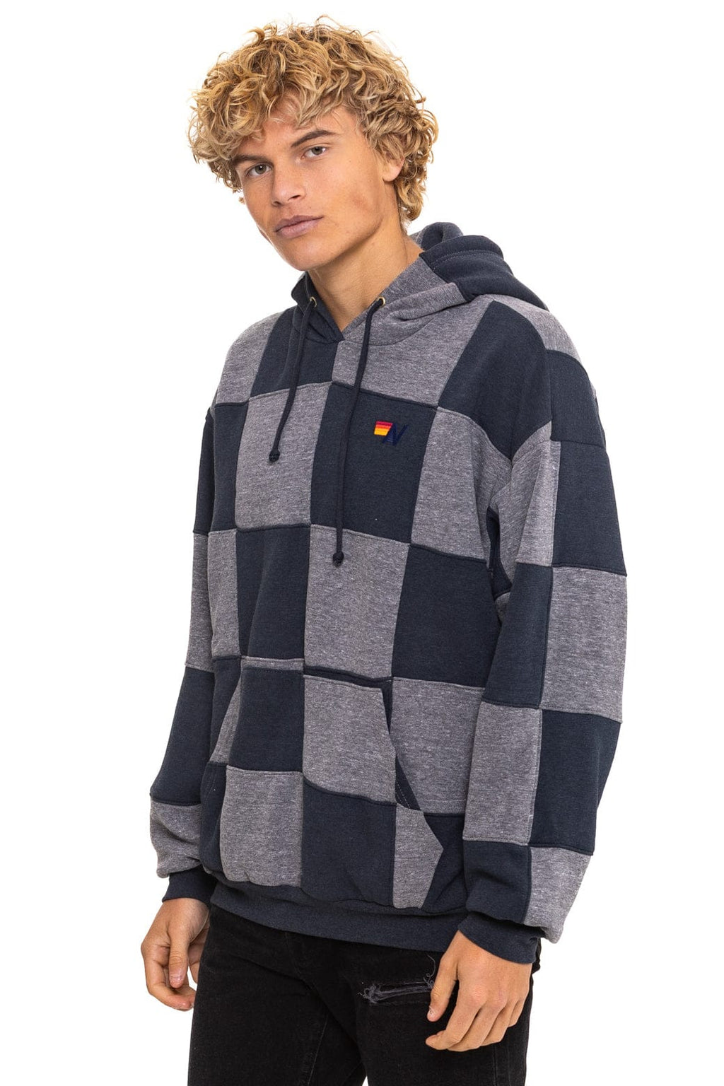 CHECK QUILT RELAXED PULLOVER HOODIE - HEATHER CHARCOAL