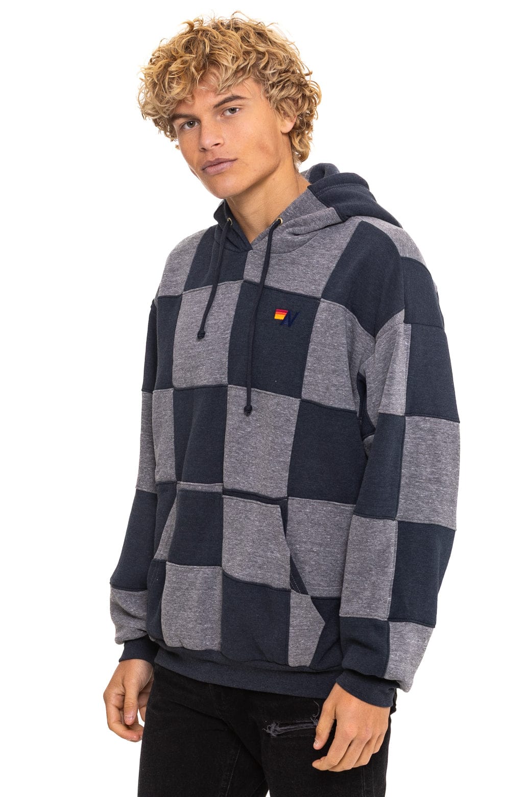 CHECK QUILT RELAXED PULLOVER HOODIE - HEATHER CHARCOAL