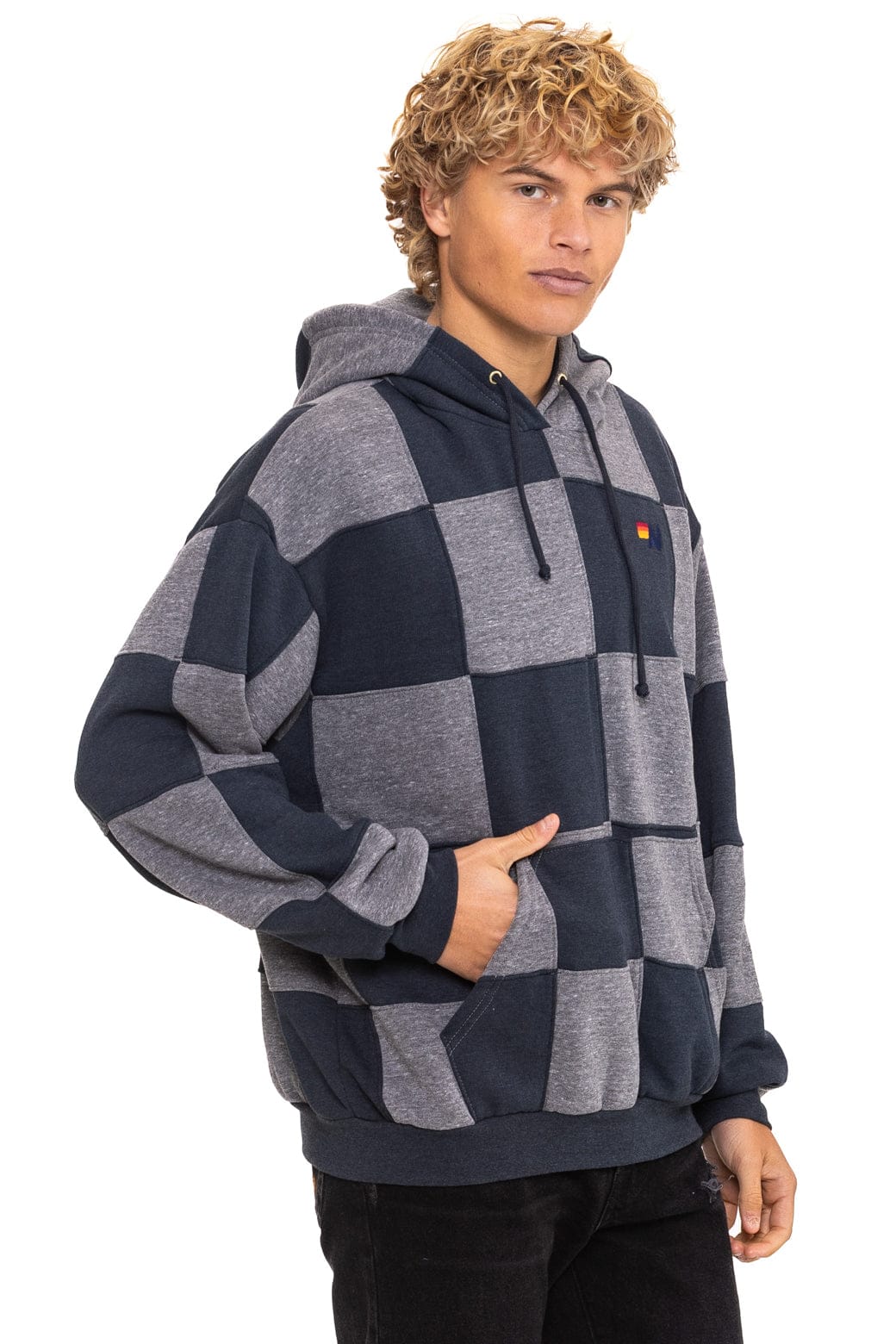 CHECK QUILT RELAXED PULLOVER HOODIE - HEATHER CHARCOAL