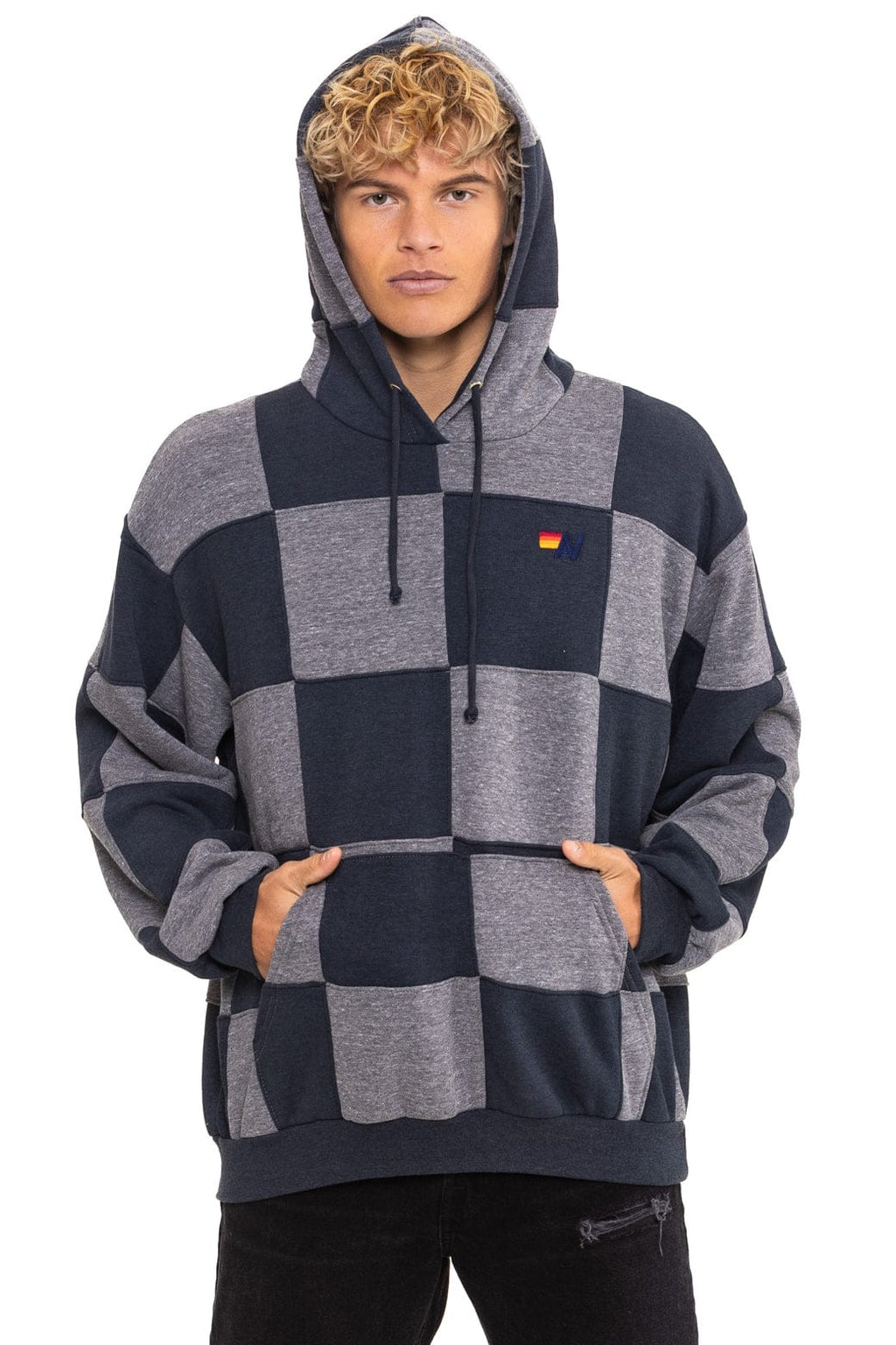 CHECK QUILT RELAXED PULLOVER HOODIE - HEATHER CHARCOAL