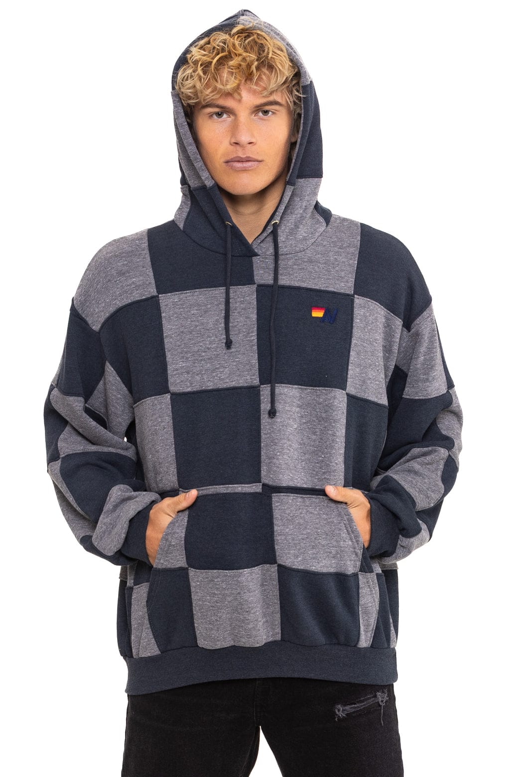 CHECK QUILT RELAXED PULLOVER HOODIE - HEATHER CHARCOAL