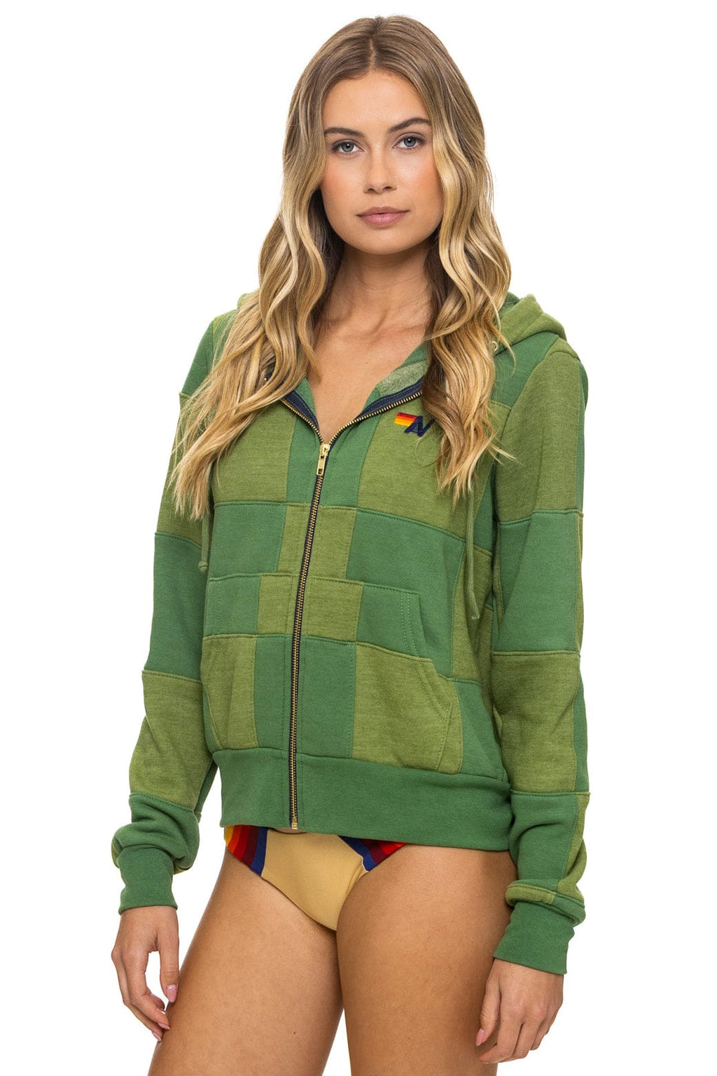 CHECK QUILT ZIP HOODIE - JUNGLE GREEN PALM
