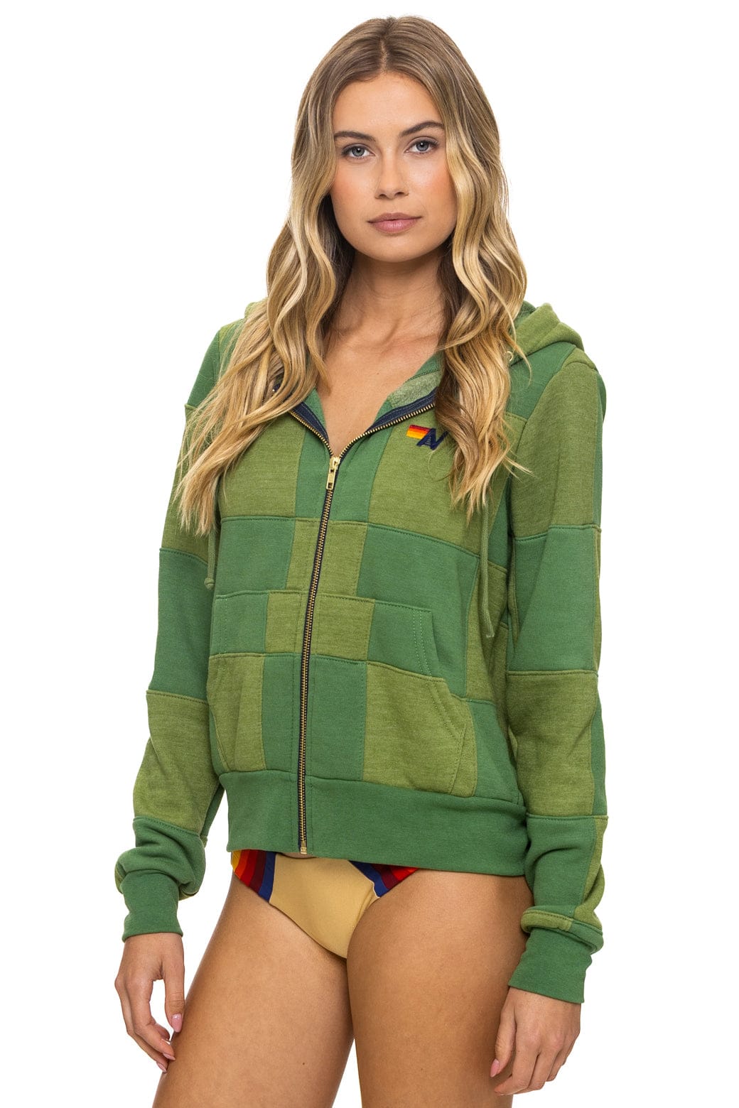 CHECK QUILT ZIP HOODIE - JUNGLE GREEN PALM