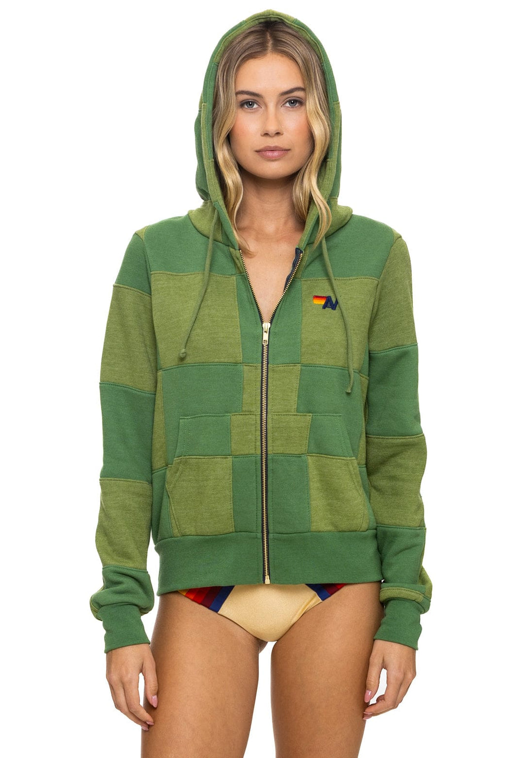 CHECK QUILT ZIP HOODIE - JUNGLE GREEN PALM