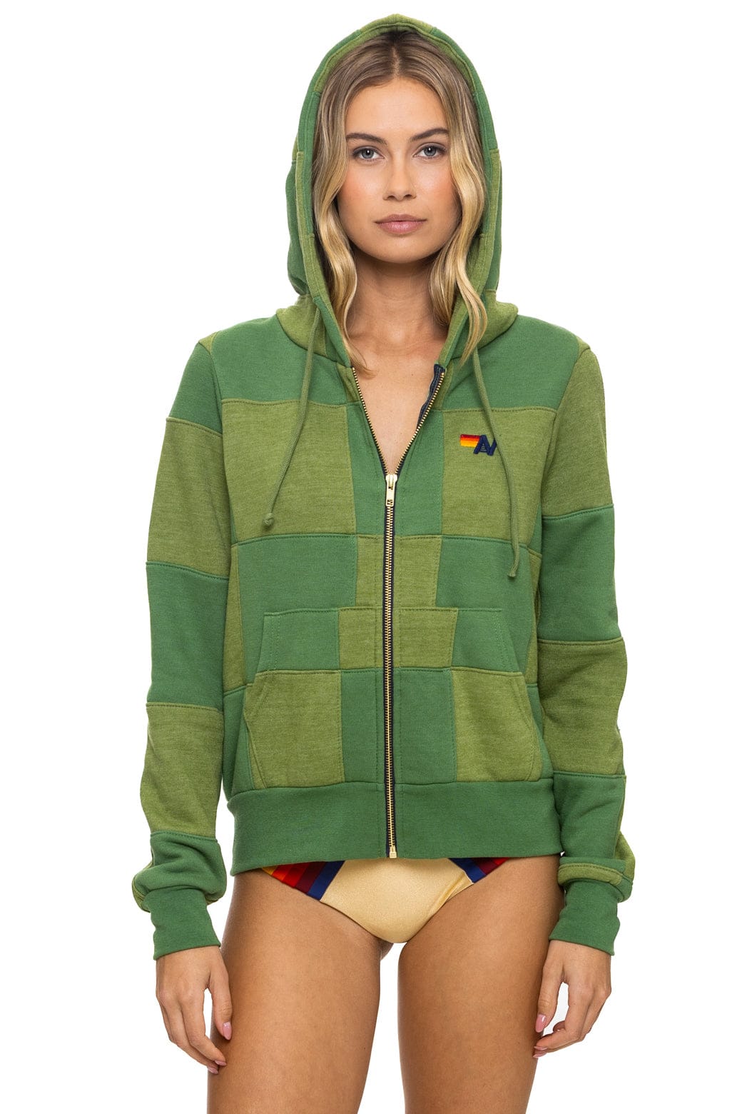 CHECK QUILT ZIP HOODIE - JUNGLE GREEN PALM