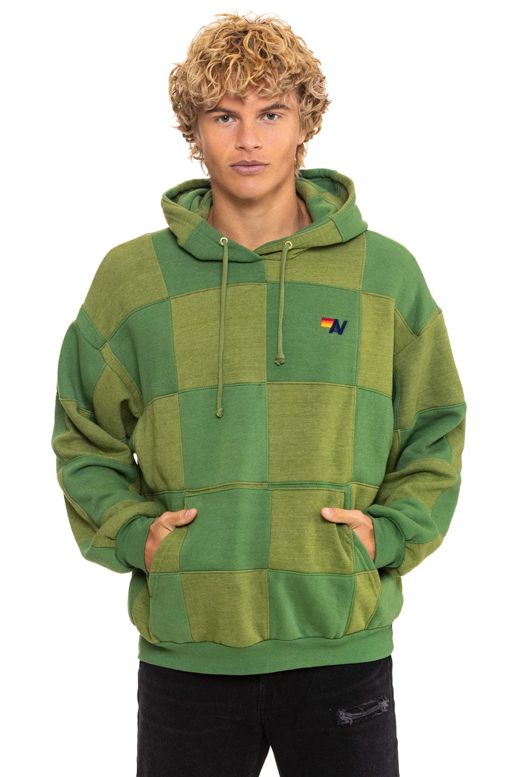 CHECK QUILT RELAXED PULLOVER HOODIE - JUNGLE GREEN PALM