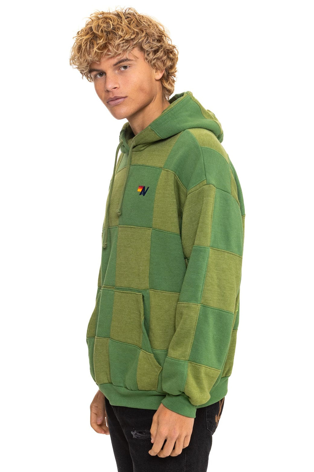 CHECK QUILT RELAXED PULLOVER HOODIE - JUNGLE GREEN PALM