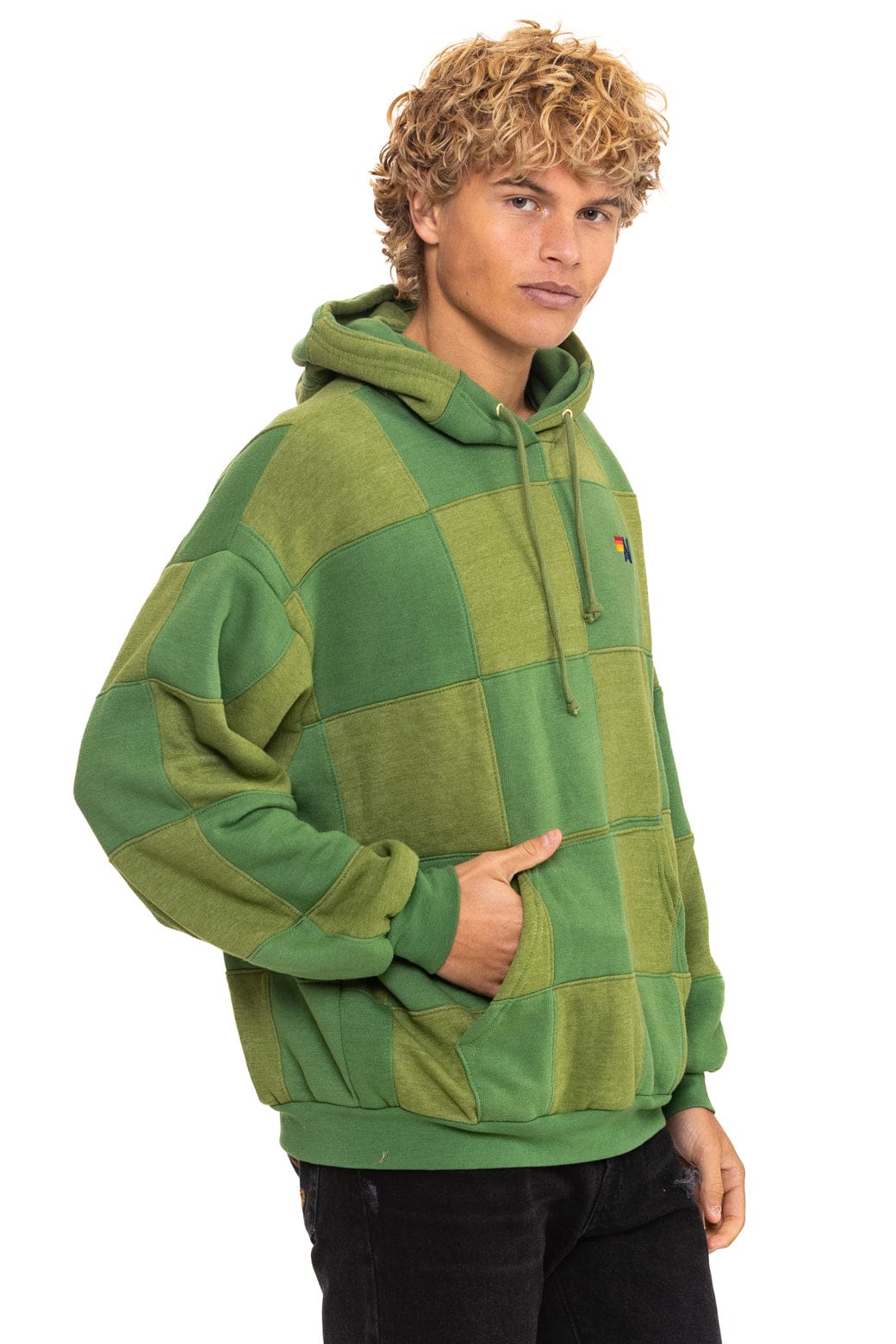 CHECK QUILT RELAXED PULLOVER HOODIE - JUNGLE GREEN PALM