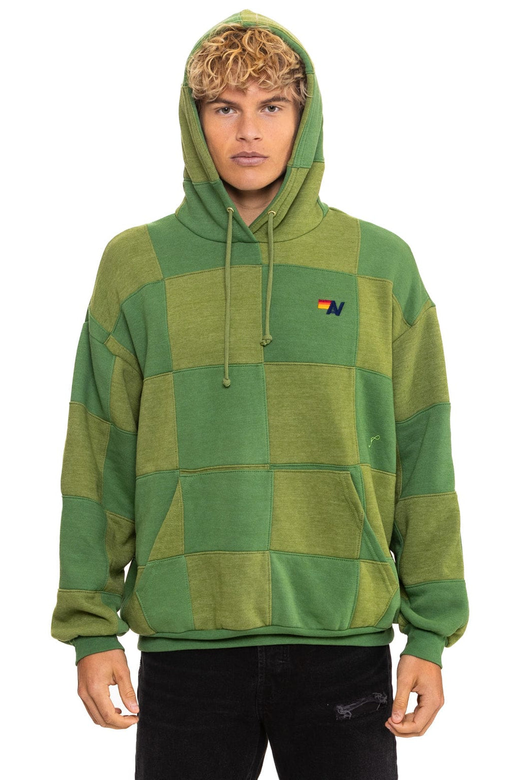 CHECK QUILT RELAXED PULLOVER HOODIE - JUNGLE GREEN PALM