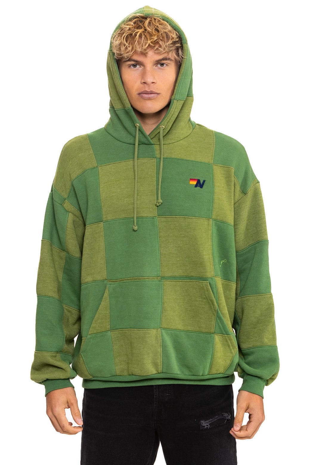 CHECK QUILT RELAXED PULLOVER HOODIE - JUNGLE GREEN PALM