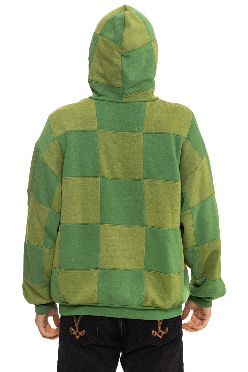 CHECK QUILT RELAXED PULLOVER HOODIE - JUNGLE GREEN PALM