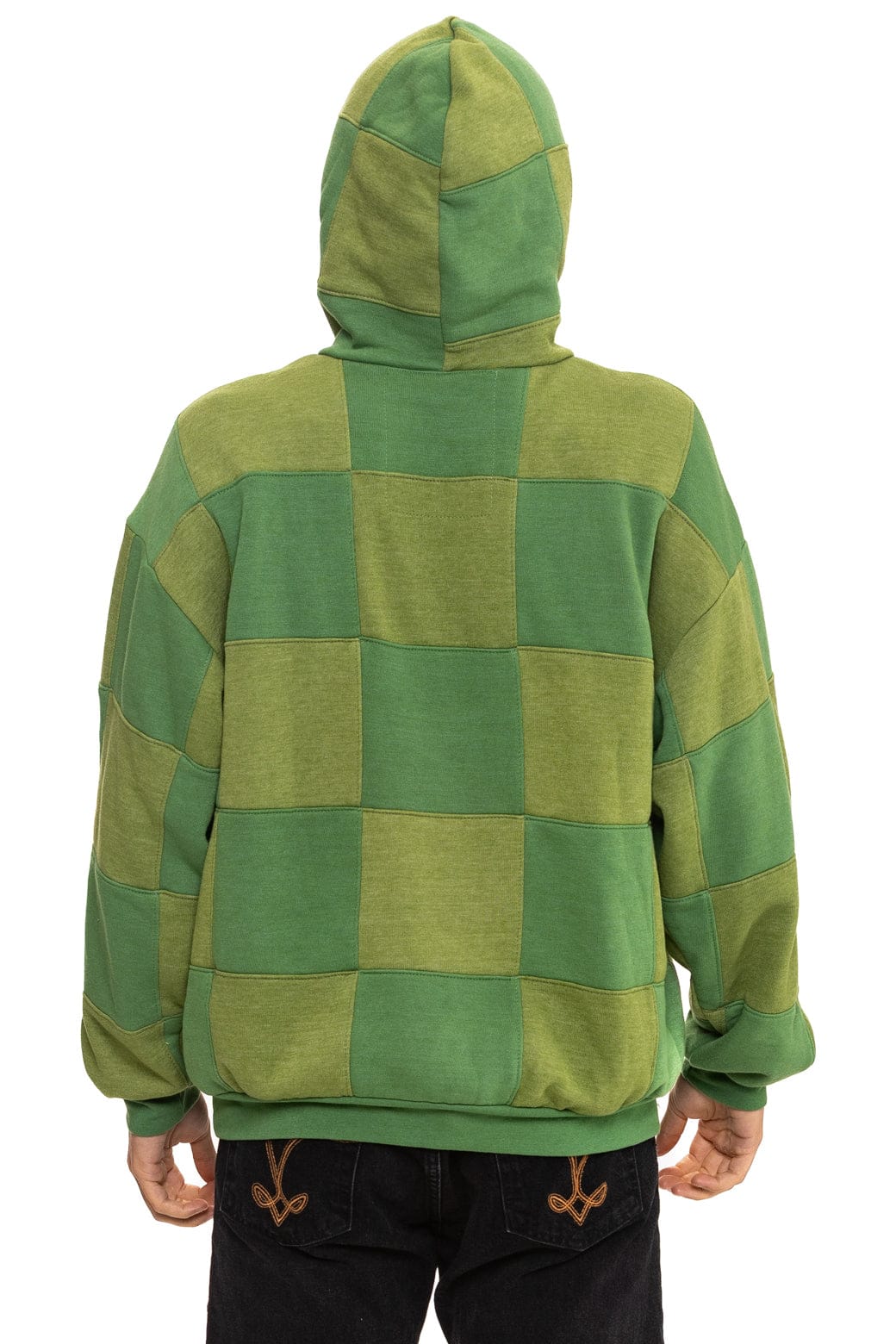 CHECK QUILT RELAXED PULLOVER HOODIE - JUNGLE GREEN PALM