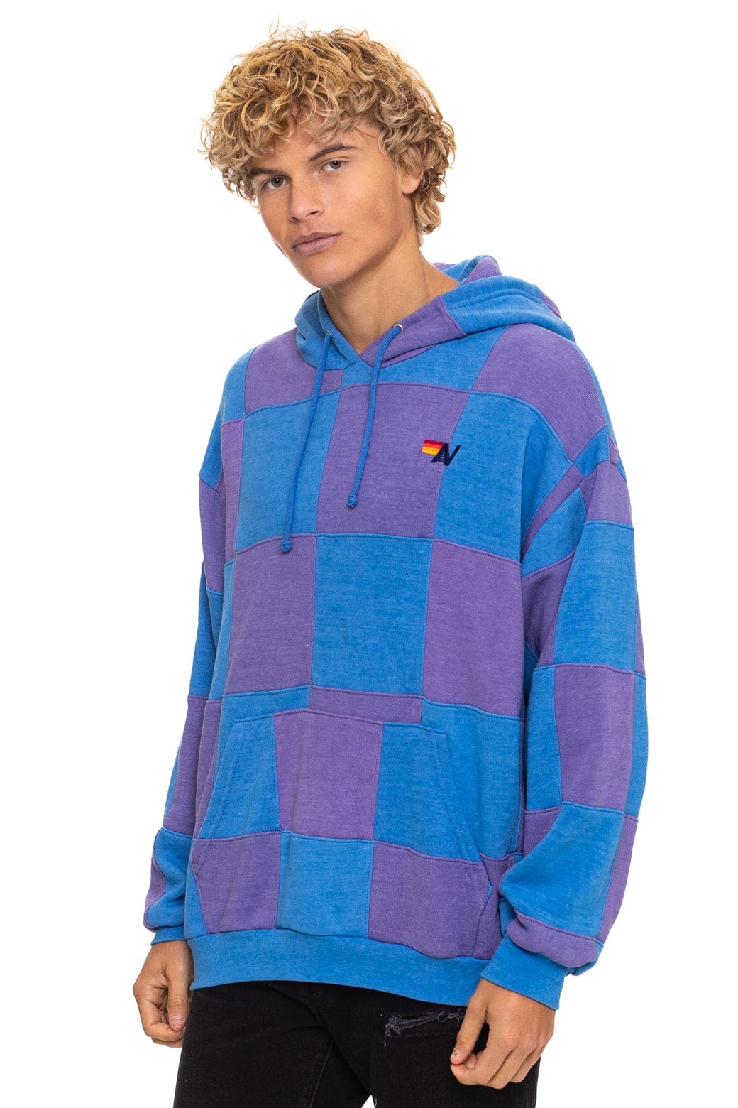 CHECK QUILT RELAXED PULLOVER HOODIE - LAVENDER OCEAN