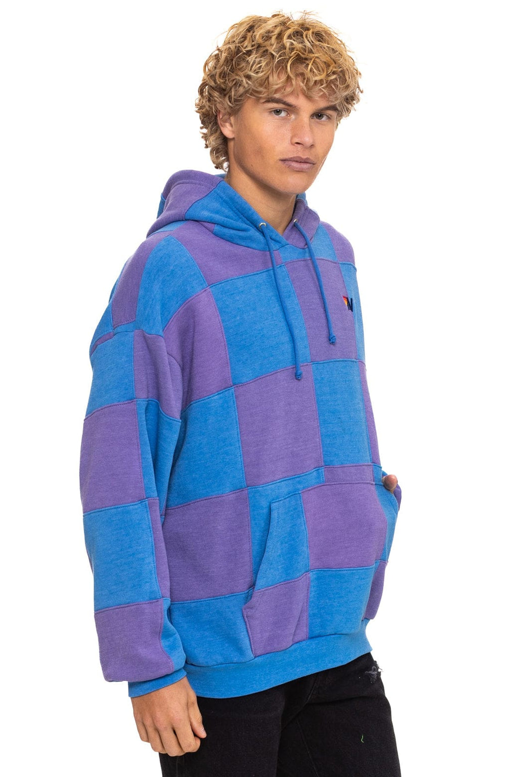 CHECK QUILT RELAXED PULLOVER HOODIE - LAVENDER OCEAN