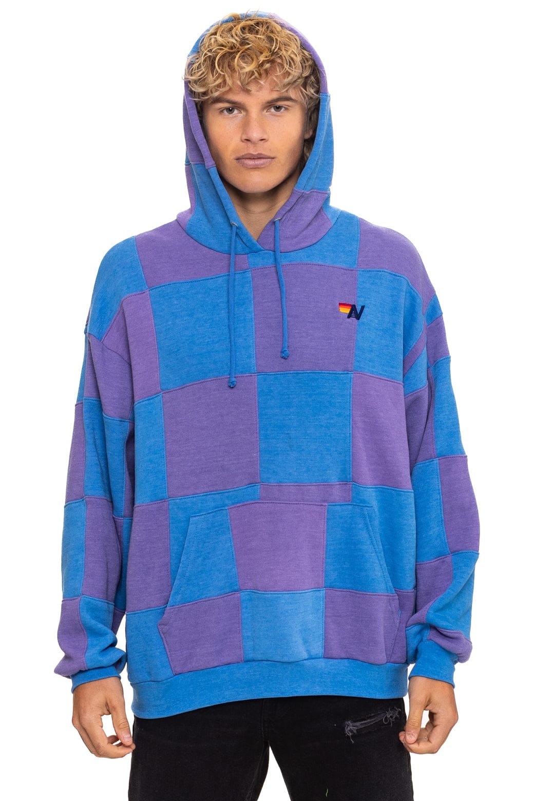 CHECK QUILT RELAXED PULLOVER HOODIE - LAVENDER OCEAN