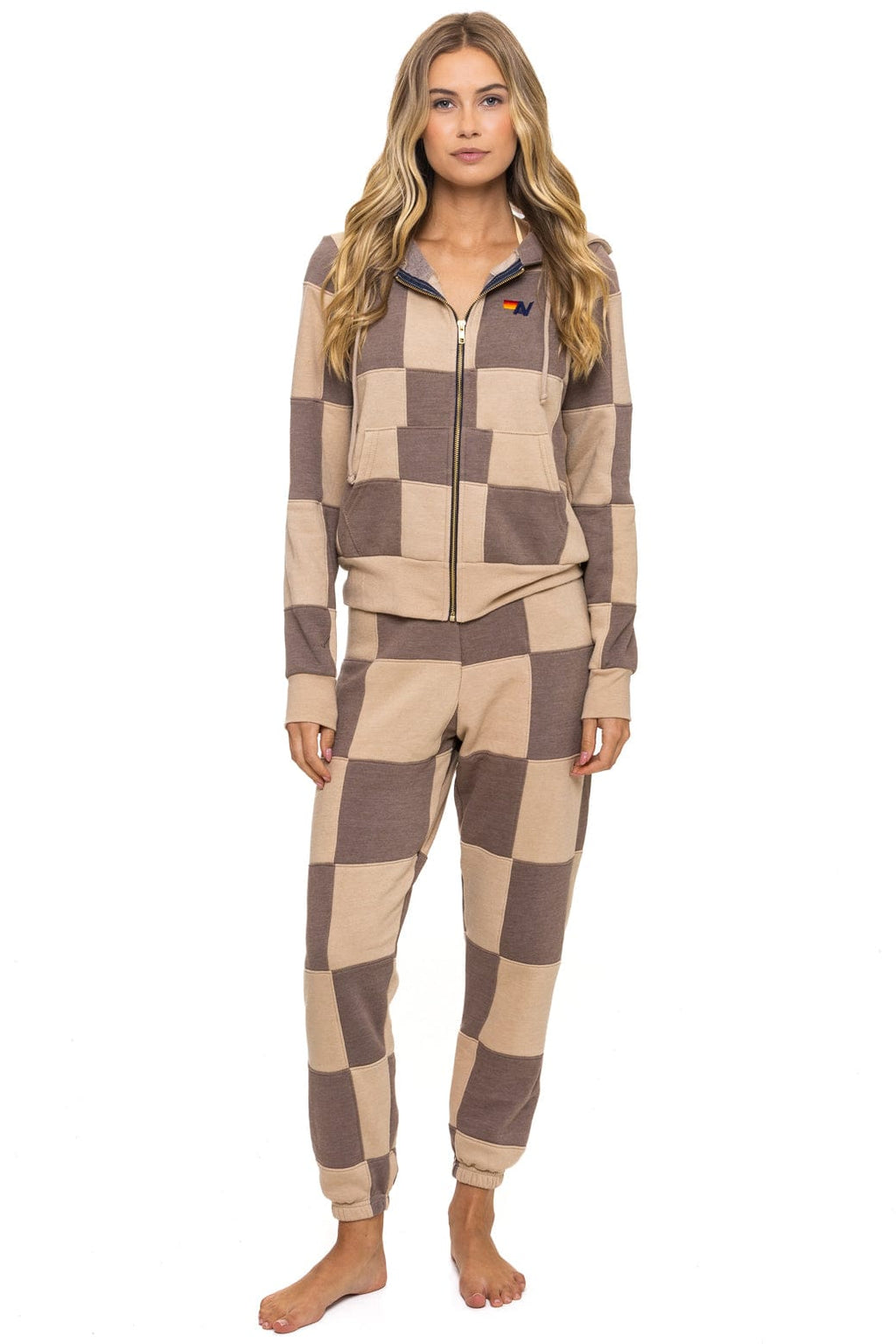 CHECK QUILT ZIP HOODIE - SAND TAUPE