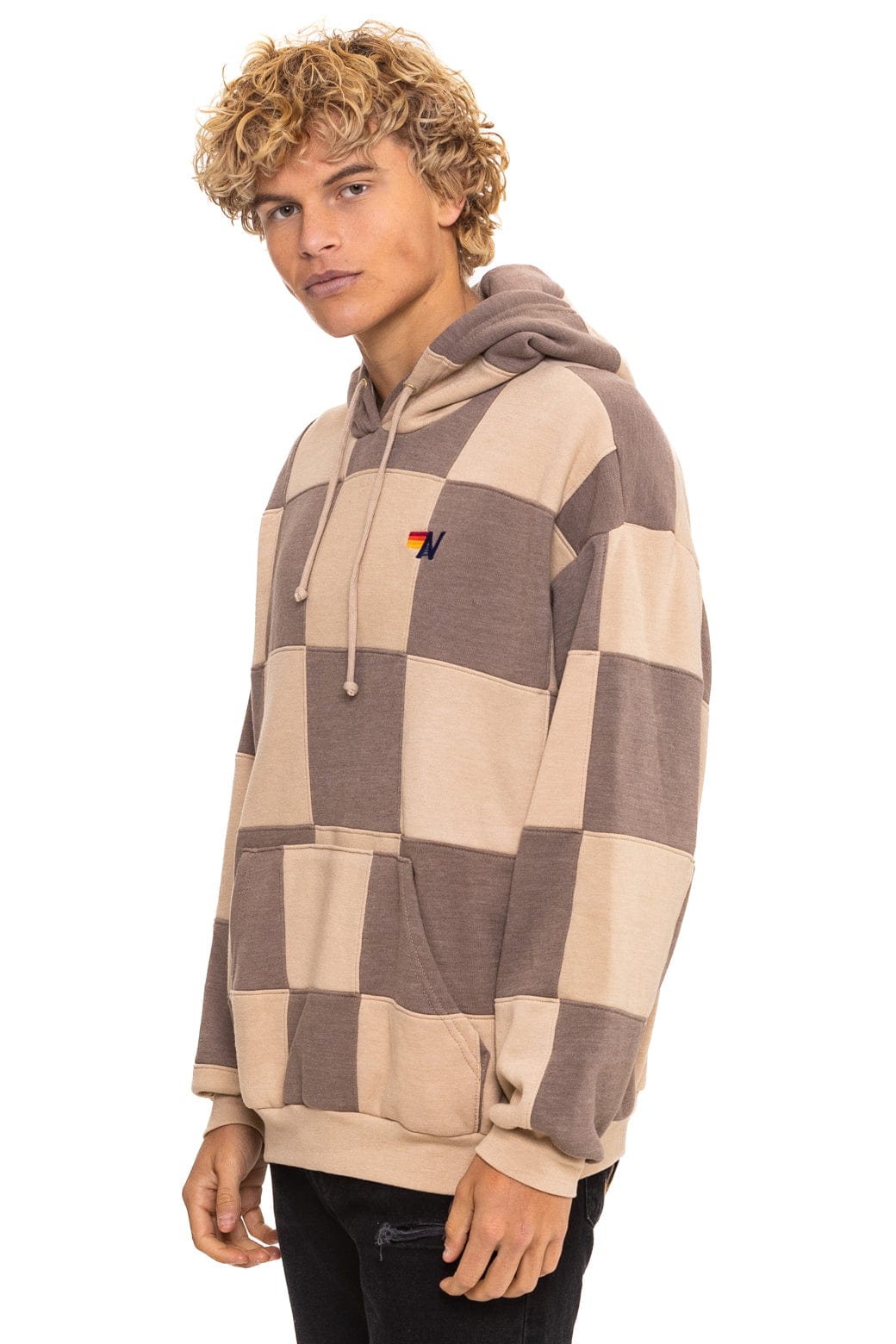 CHECK QUILT RELAXED PULLOVER HOODIE - SAND TAUPE