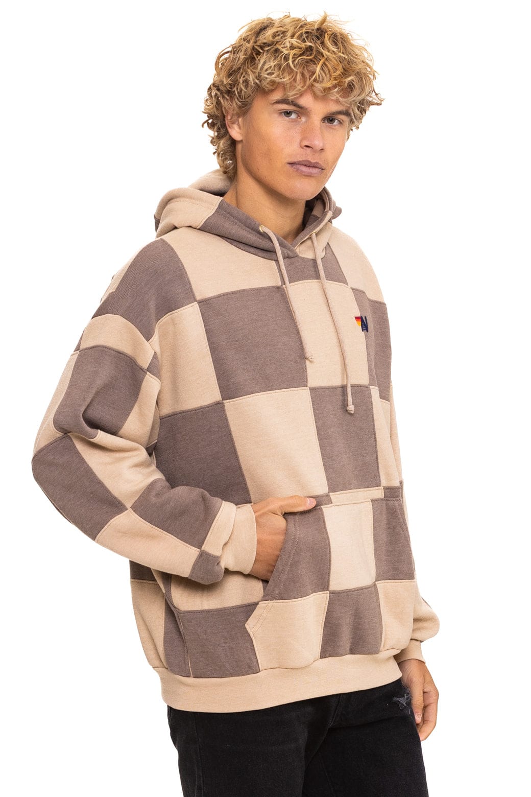 CHECK QUILT RELAXED PULLOVER HOODIE - SAND TAUPE