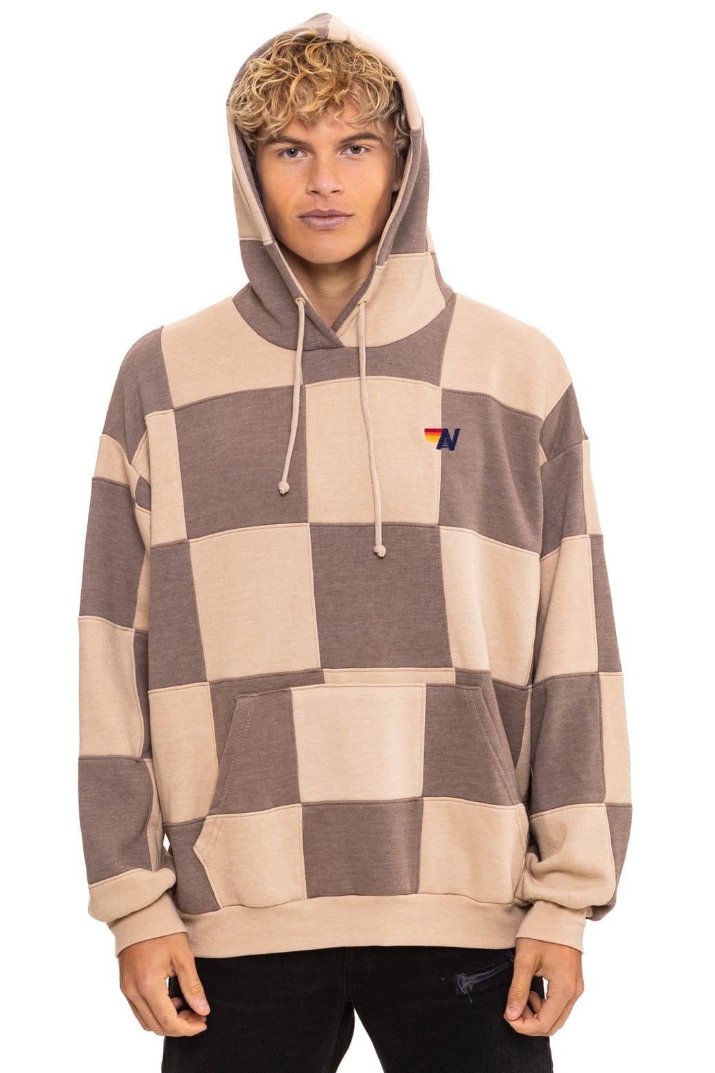 CHECK QUILT RELAXED PULLOVER HOODIE - SAND TAUPE