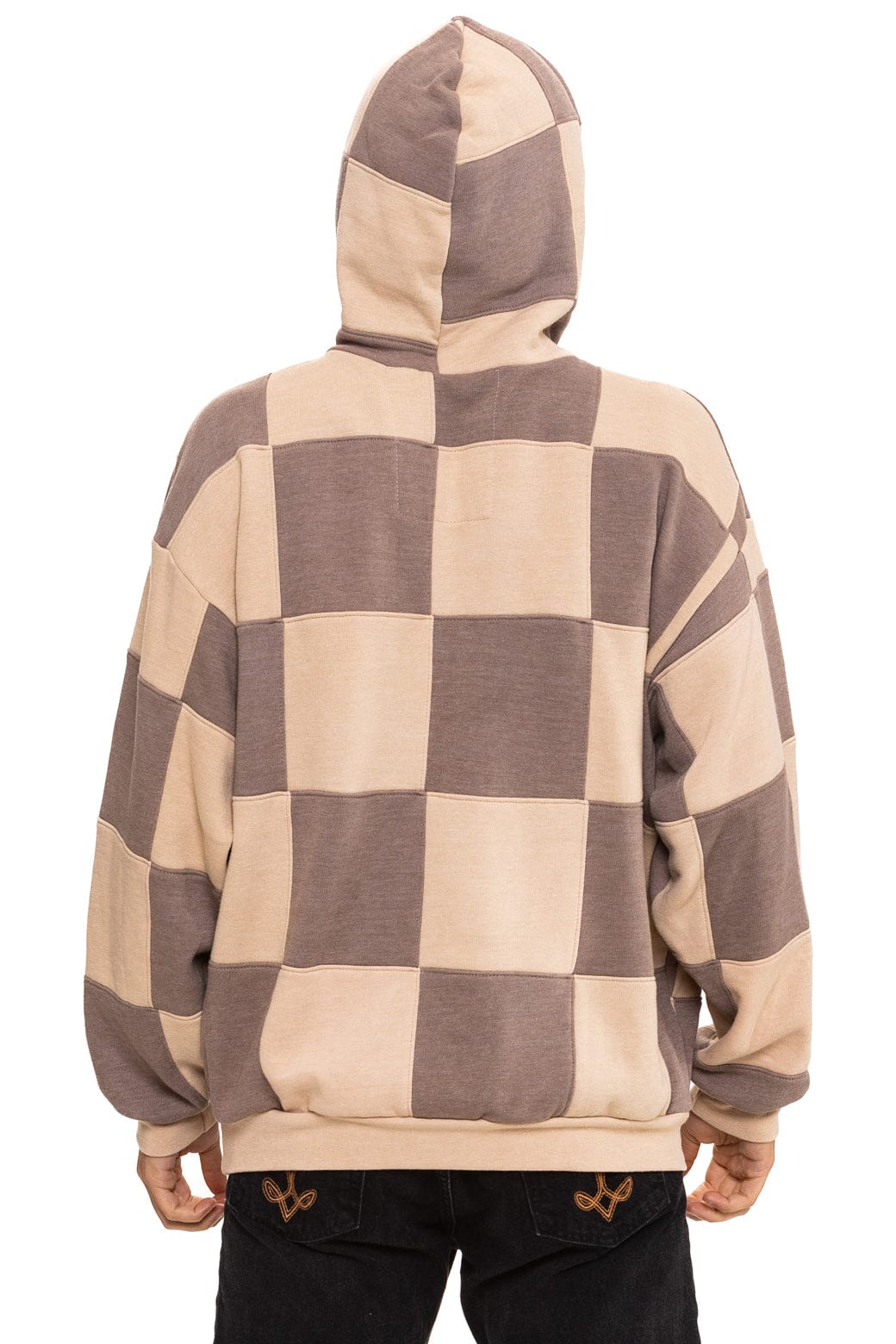 CHECK QUILT RELAXED PULLOVER HOODIE - SAND TAUPE