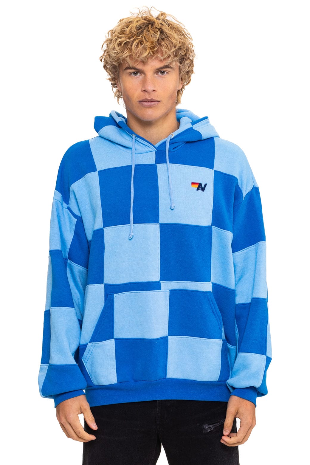 CHECK QUILT RELAXED PULLOVER HOODIE - SKY ADVENTURE BLUE