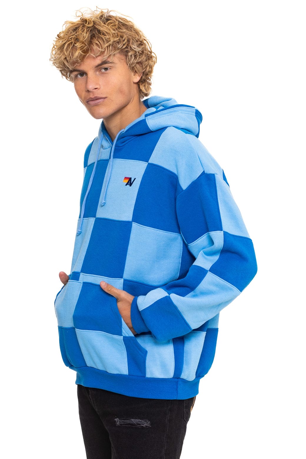 CHECK QUILT RELAXED PULLOVER HOODIE - SKY ADVENTURE BLUE