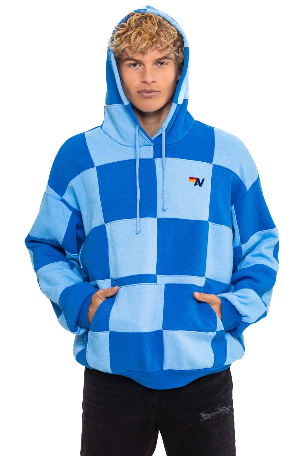 CHECK QUILT RELAXED PULLOVER HOODIE - SKY ADVENTURE BLUE