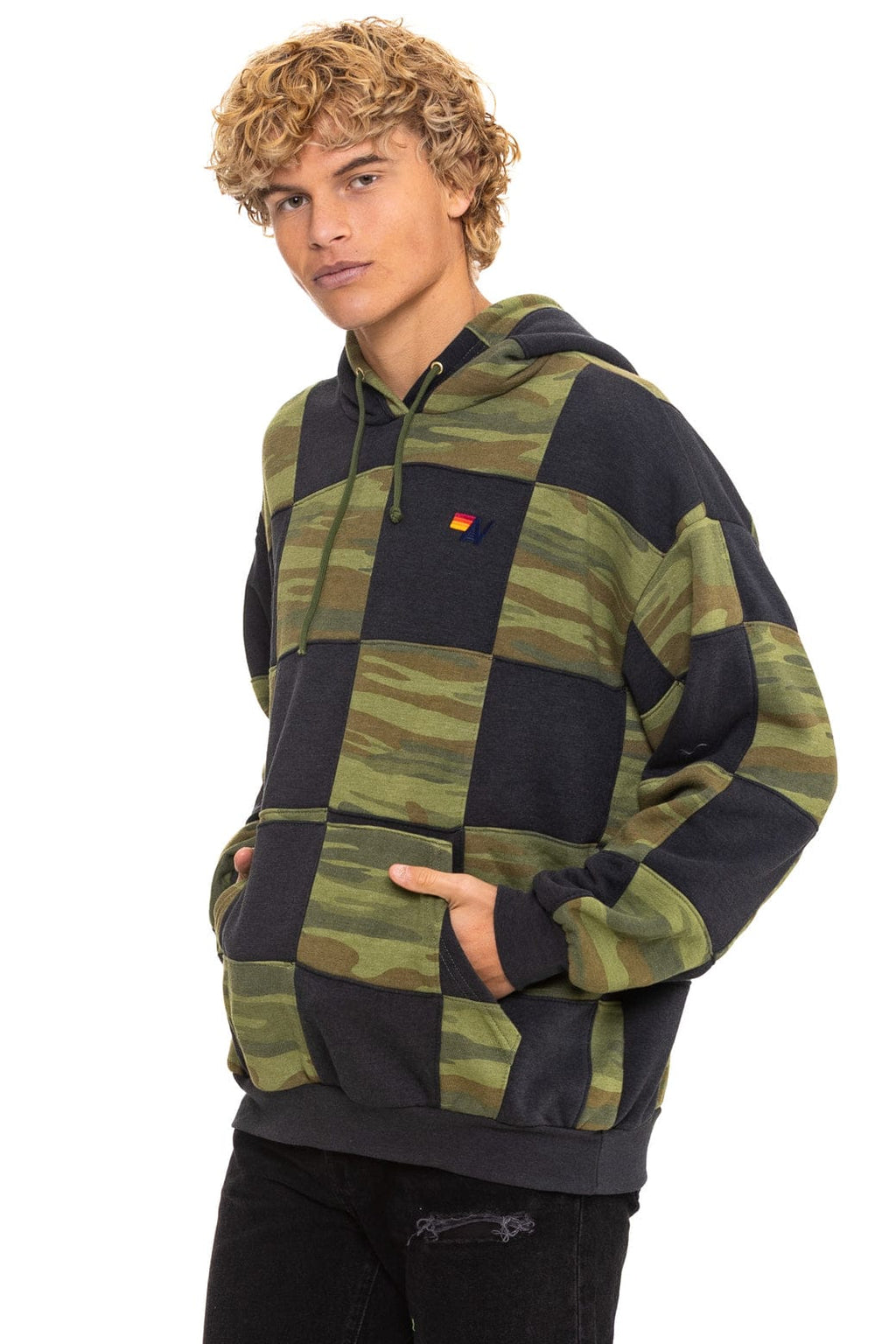 CHECK QUILT RELAXED PULLOVER HOODIE - SMOKE CAMO