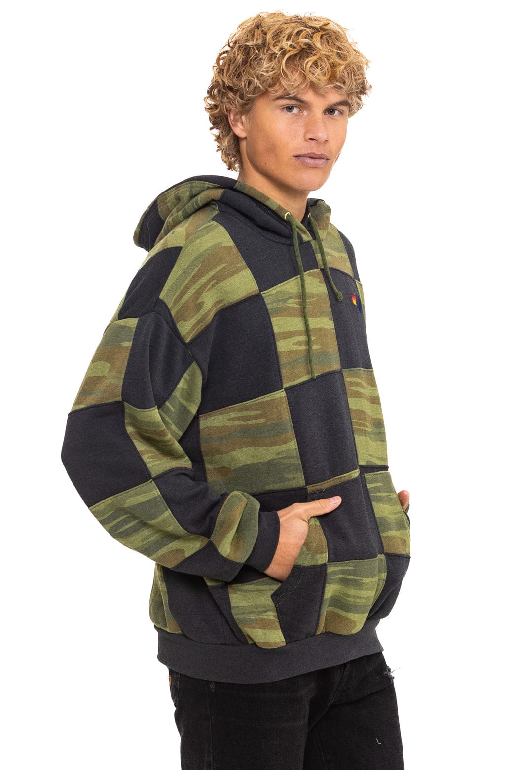 CHECK QUILT RELAXED PULLOVER HOODIE - SMOKE CAMO